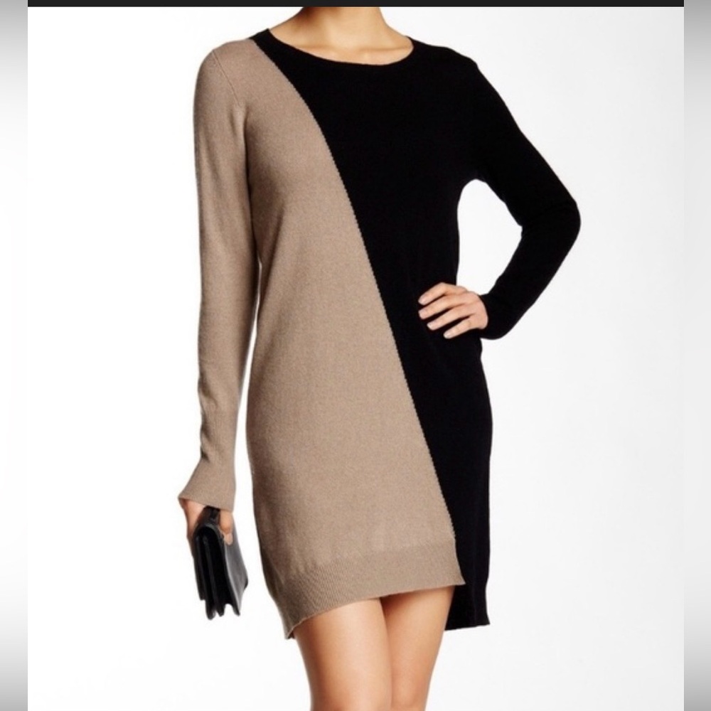 Elegant Cashmere Blend Black & Tan Colorblock Sweater Dress Tunic 360 Cashmere 🐑